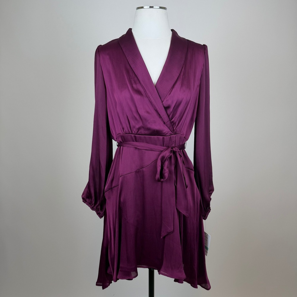 NWT Melonie T Boysenberry Purple Faux Wrap Dress Petite Sz 10P Long Sleeve Satin
